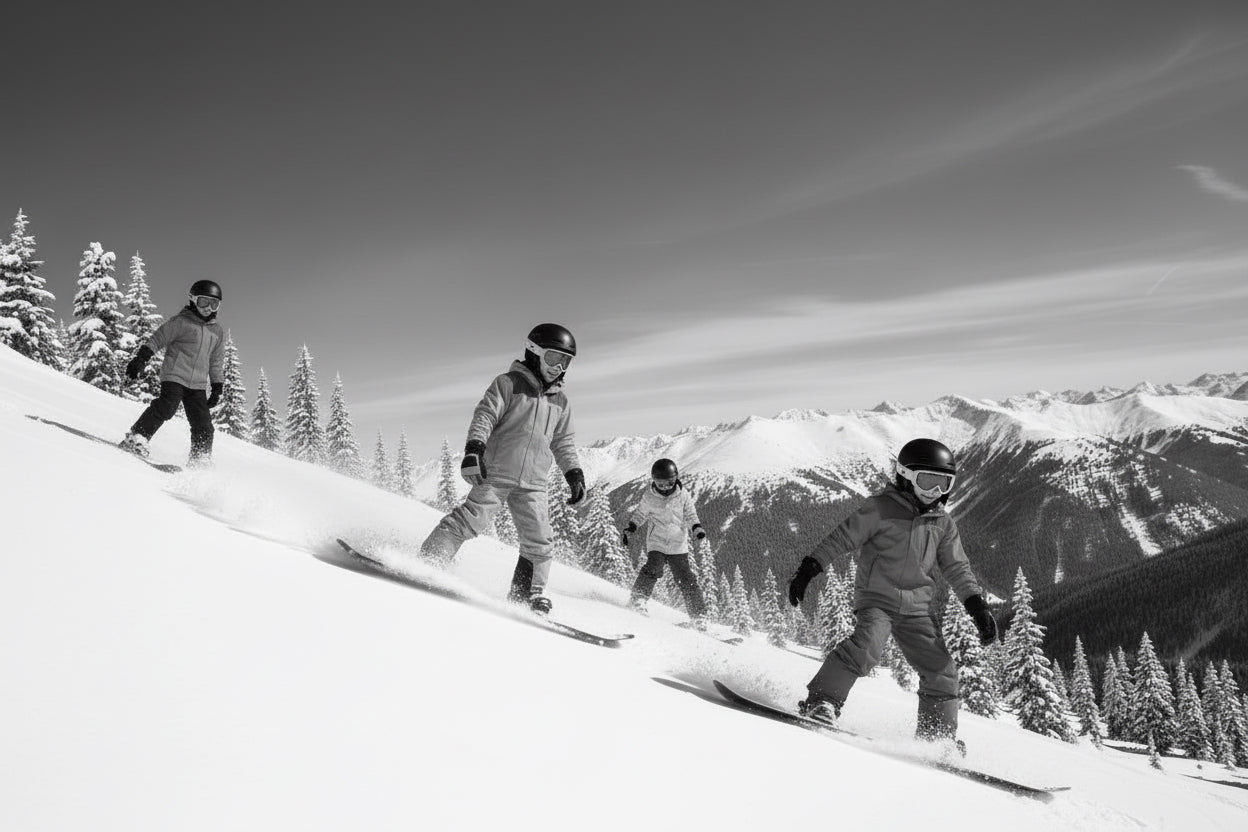 Two snowboarders in action on a snowy mountain with trees and mountains in the background.
